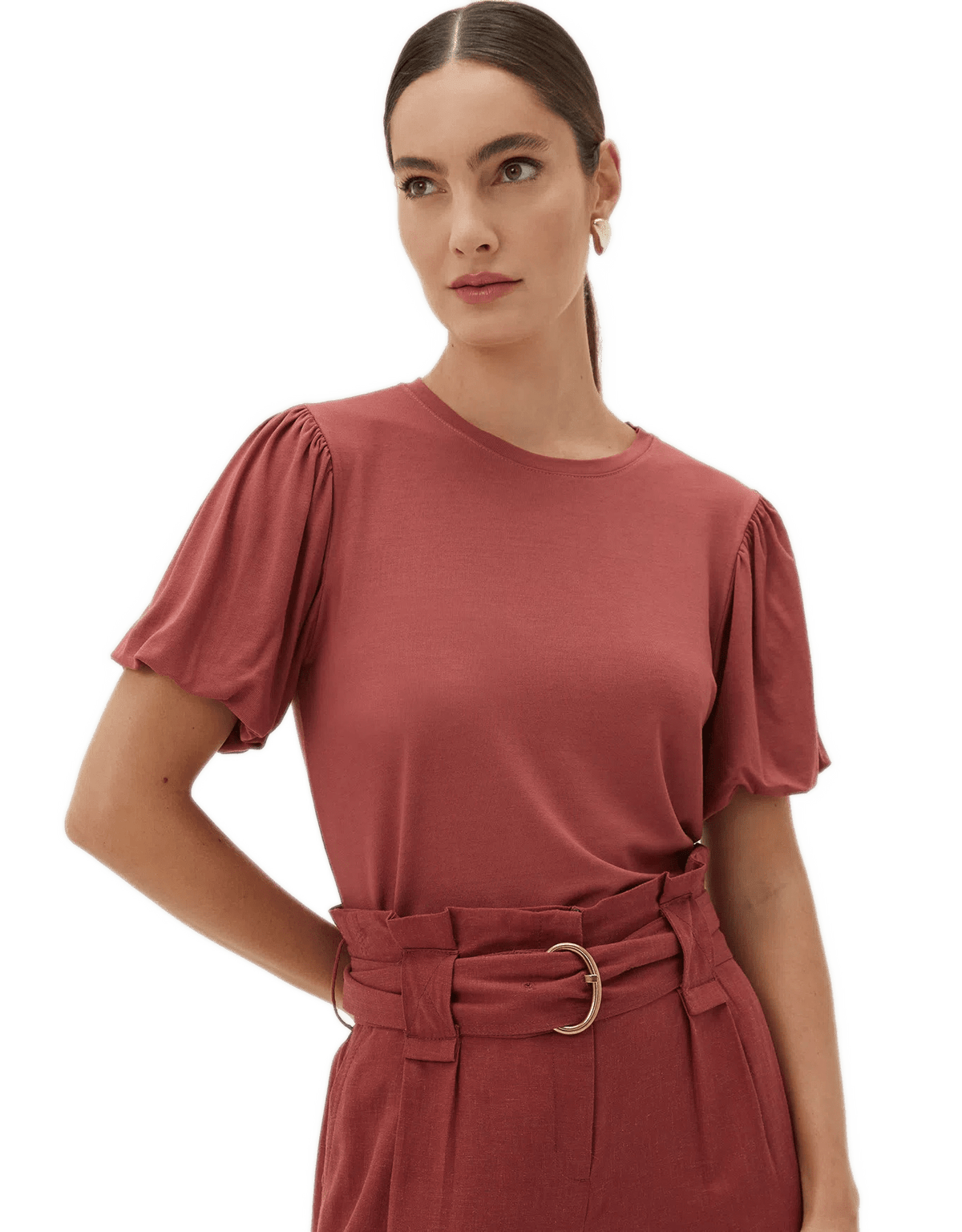 Blusa Shoulder Malha Marsala Manga Balone 232311905