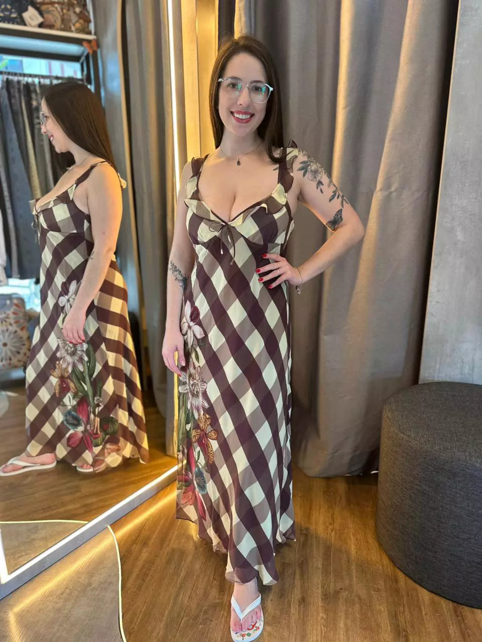 VESTIDO FEMININO MIDI XADREZ ROMANTICO FARM ORIGINAL 361381