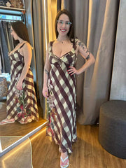 VESTIDO FEMININO MIDI XADREZ ROMANTICO FARM ORIGINAL 361381