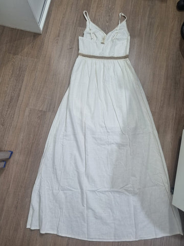 VESTIDO FEMININO LONGO COM AVIAMENTO OFF WHITE GATABAKANA ORIGINAL