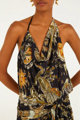 VESTIDO FEMININO FRENTE UNICA REINO MISTICO PRETO FARM ORIGINAL 361386